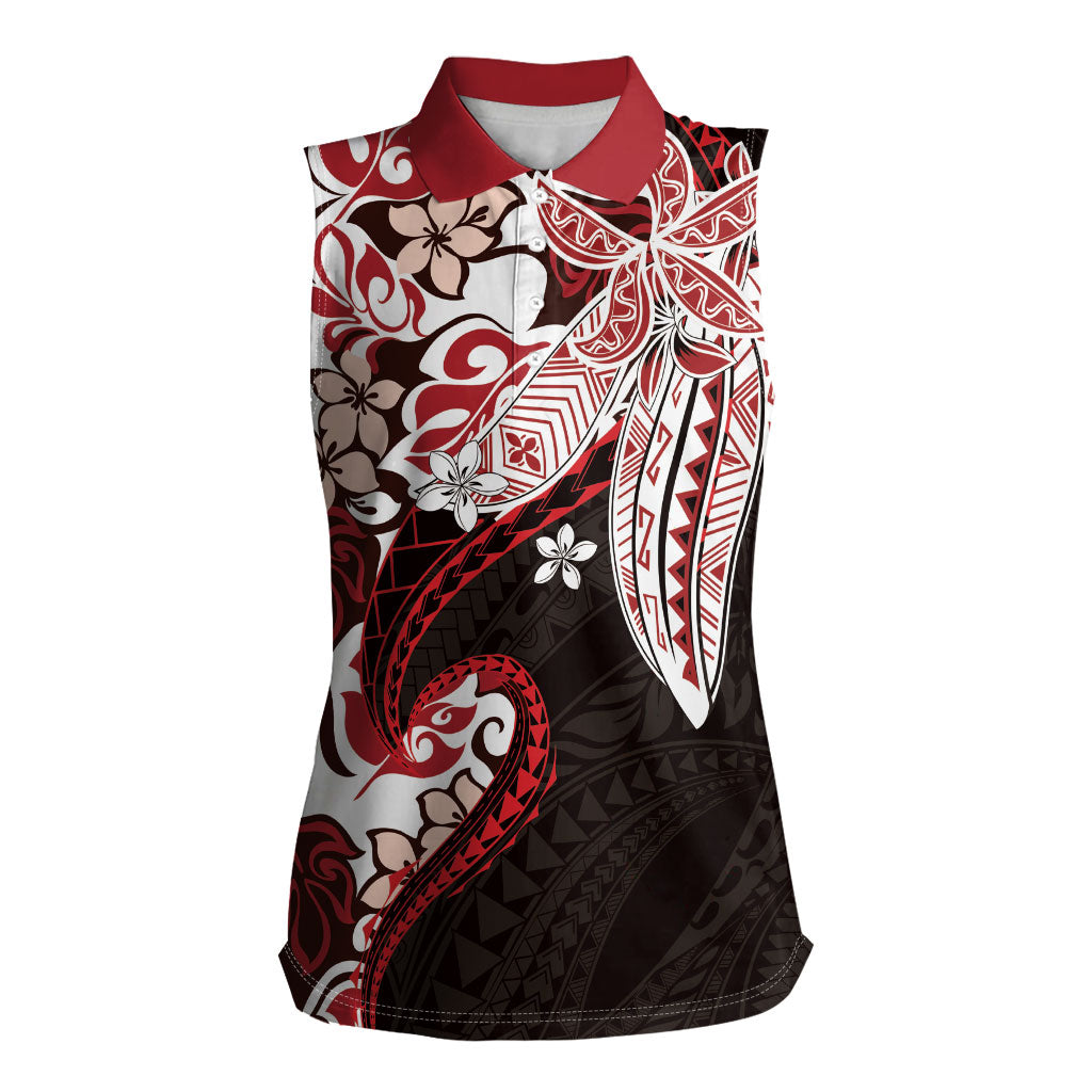 Monstera Plumeria Flowers Red Women Sleeveless Polo Shirt Polynesian Pattern LT01 Female Red - Polynesian Pride