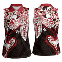 Monstera Plumeria Flowers Red Women Sleeveless Polo Shirt Polynesian Pattern LT01 - Polynesian Pride