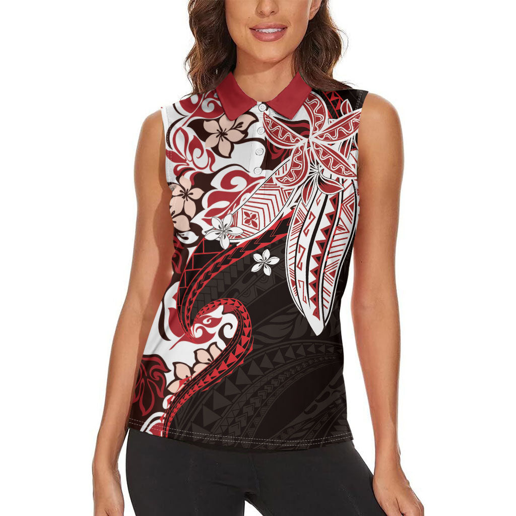 Monstera Plumeria Flowers Red Women Sleeveless Polo Shirt Polynesian Pattern LT01 - Polynesian Pride