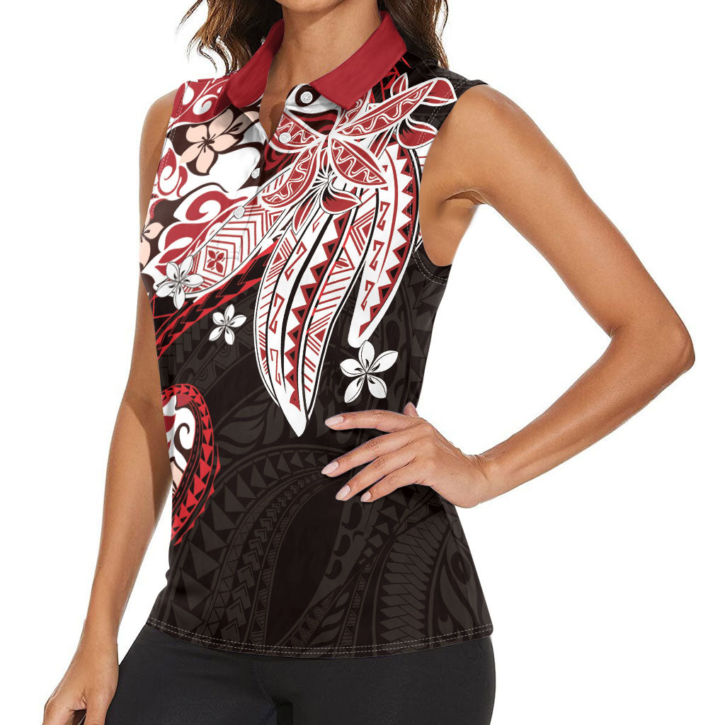 Monstera Plumeria Flowers Red Women Sleeveless Polo Shirt Polynesian Pattern LT01 - Polynesian Pride