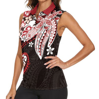 Monstera Plumeria Flowers Red Women Sleeveless Polo Shirt Polynesian Pattern LT01 - Polynesian Pride