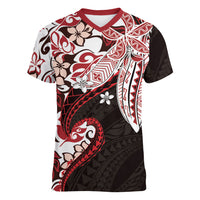 Monstera Plumeria Flowers Red Women V-Neck T-Shirt Polynesian Pattern