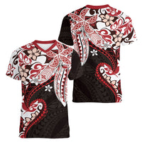 Monstera Plumeria Flowers Red Women V-Neck T-Shirt Polynesian Pattern