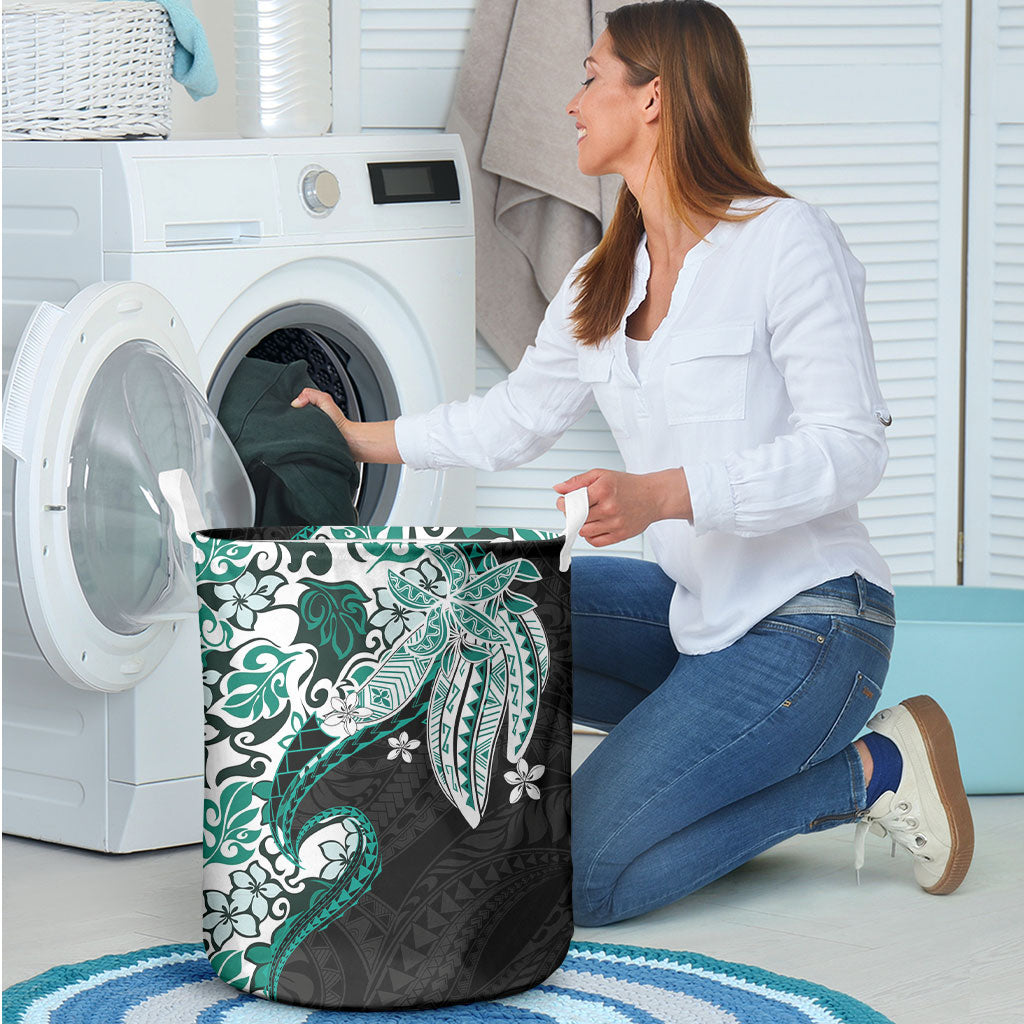 Monstera Plumeria Flowers Teal Laundry Basket Polynesian Pattern LT01 - Polynesian Pride