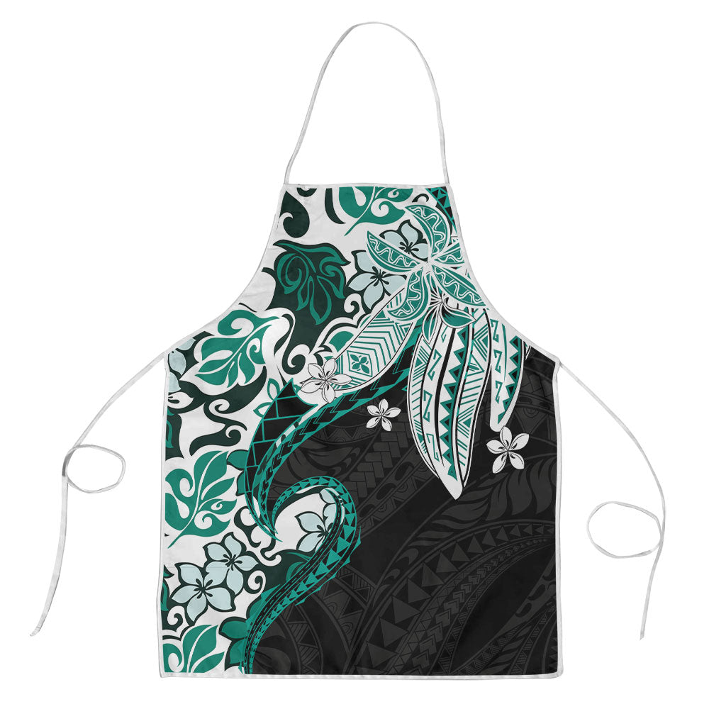 Monstera Plumeria Flowers Teal Apron Polynesian Pattern