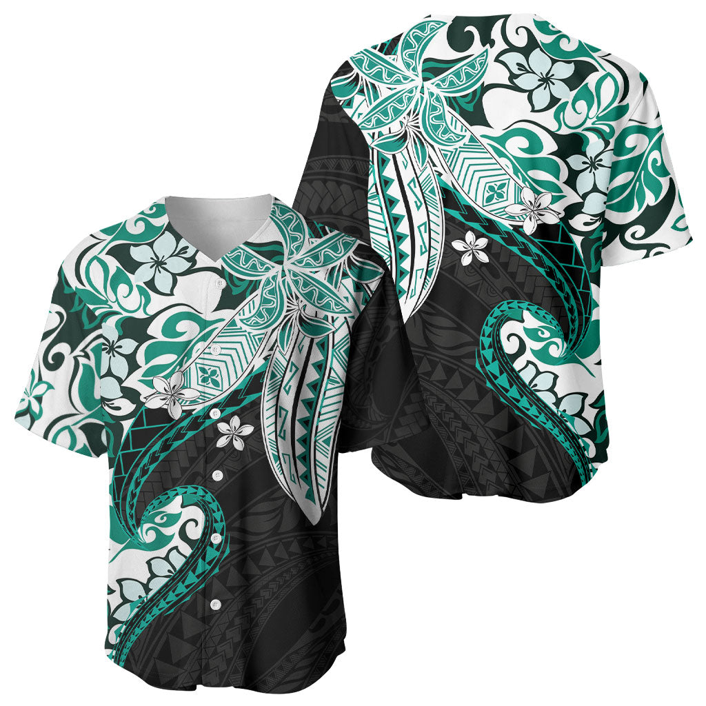 Monstera Plumeria Flowers Teal Baseball Jersey Polynesian Pattern