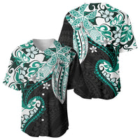 Monstera Plumeria Flowers Teal Baseball Jersey Polynesian Pattern