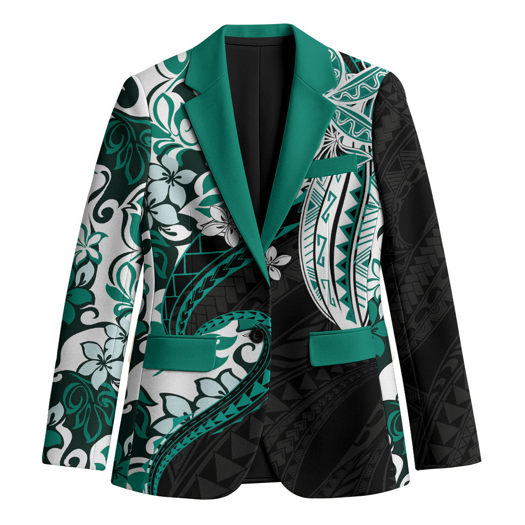 Monstera Plumeria Flowers Teal Blazer Polynesian Pattern