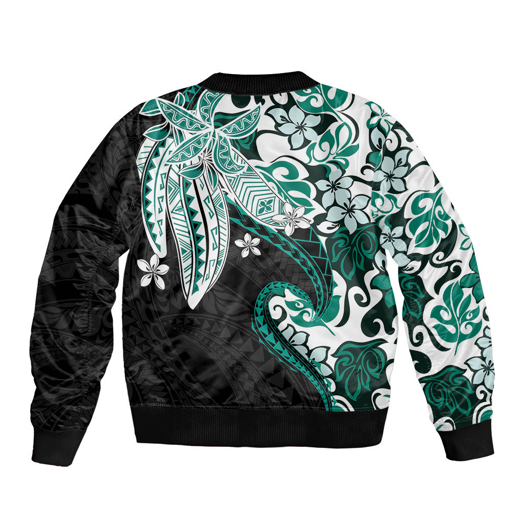 Monstera Plumeria Flowers Teal Bomber Jacket Polynesian Pattern LT01 - Polynesian Pride
