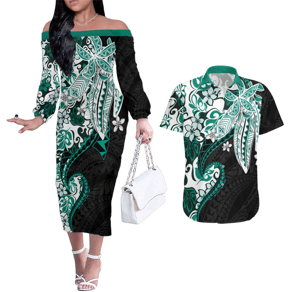 Monstera Plumeria Flowers Teal Couples Matching Off The Shoulder Long Sleeve Dress and Hawaiian Shirt Polynesian Pattern