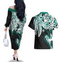 Monstera Plumeria Flowers Teal Couples Matching Off The Shoulder Long Sleeve Dress and Hawaiian Shirt Polynesian Pattern
