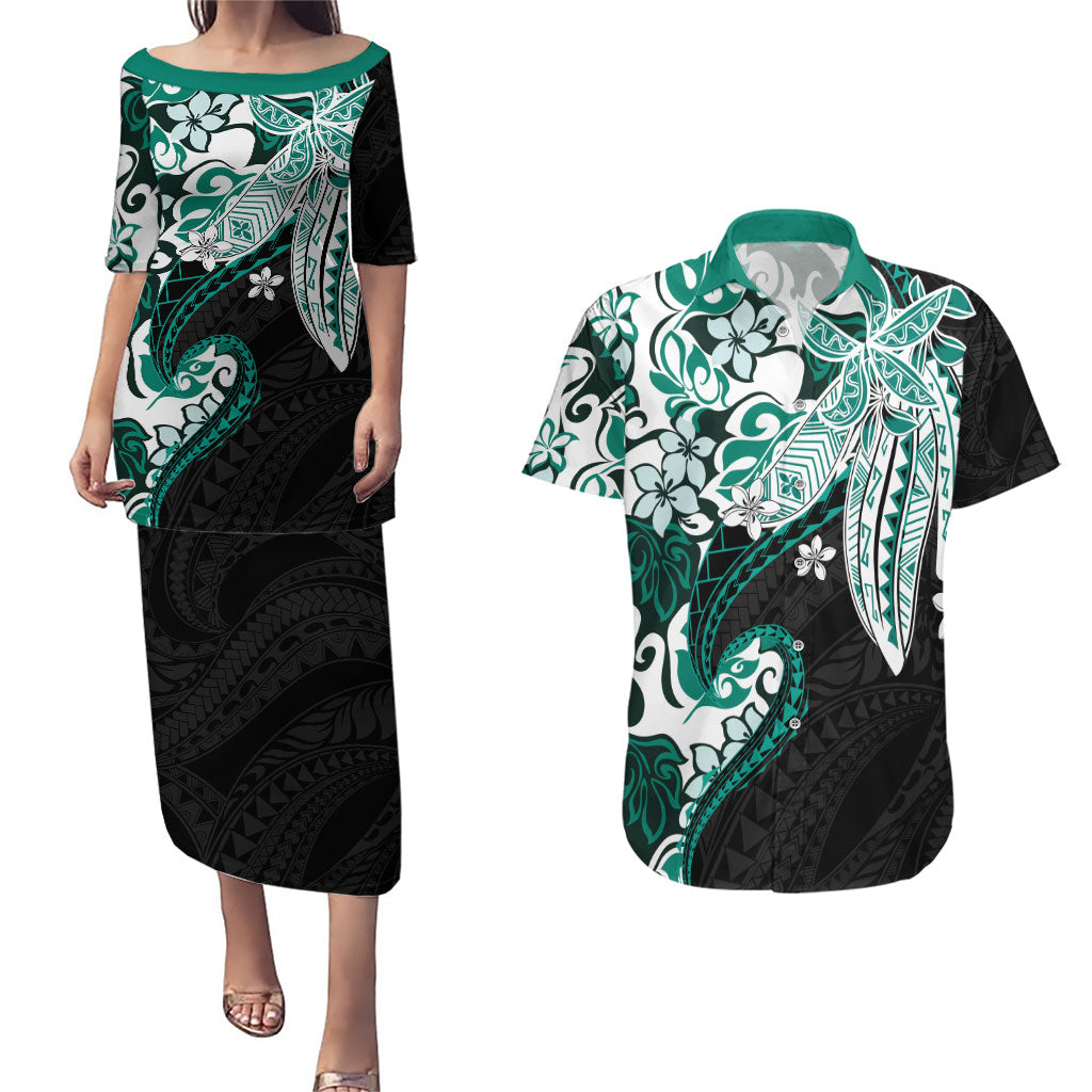 Monstera Plumeria Flowers Teal Couples Matching Puletasi and Hawaiian Shirt Polynesian Pattern