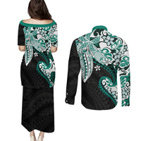 Monstera Plumeria Flowers Teal Couples Matching Puletasi and Long Sleeve Button Shirt Polynesian Pattern LT01 - Polynesian Pride