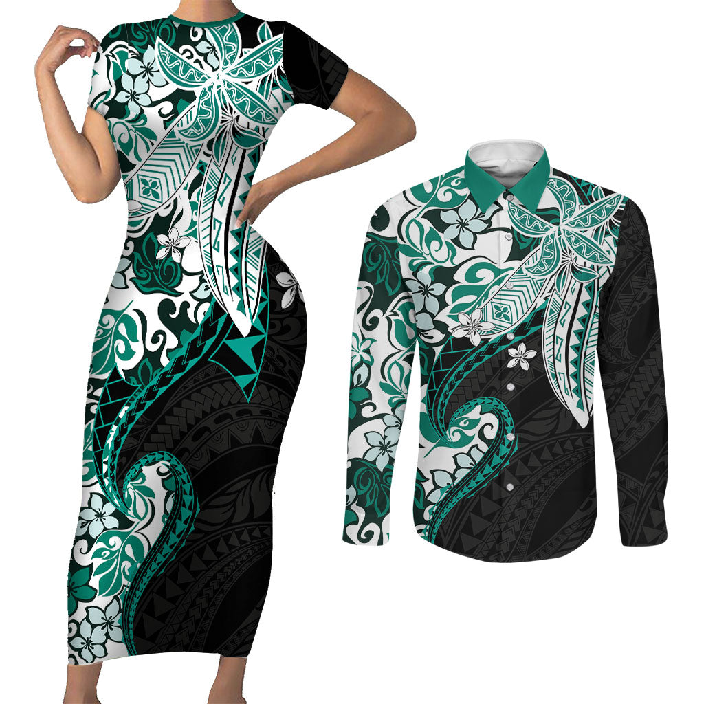 Monstera Plumeria Flowers Teal Couples Matching Short Sleeve Bodycon Dress and Long Sleeve Button Shirt Polynesian Pattern