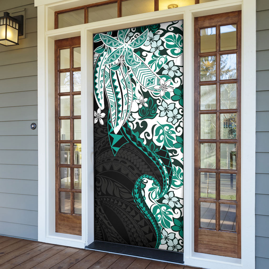 Monstera Plumeria Flowers Teal Door Cover Polynesian Pattern LT01 - Polynesian Pride