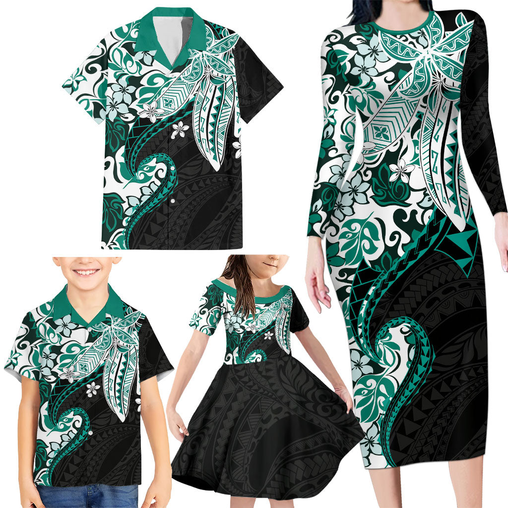 Monstera Plumeria Flowers Teal Family Matching Long Sleeve Bodycon Dress and Hawaiian Shirt Polynesian Pattern