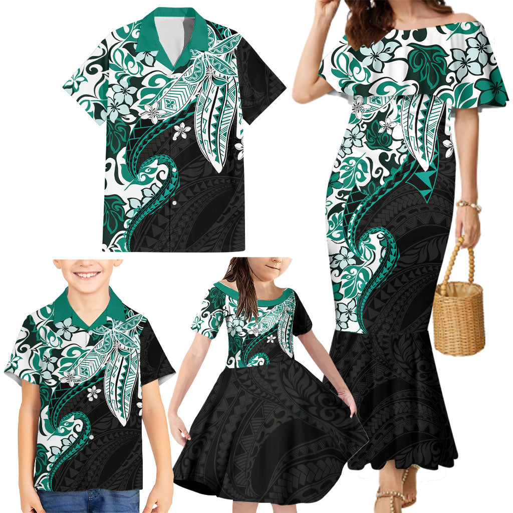 Monstera Plumeria Flowers Teal Family Matching Mermaid Dress and Hawaiian Shirt Polynesian Pattern