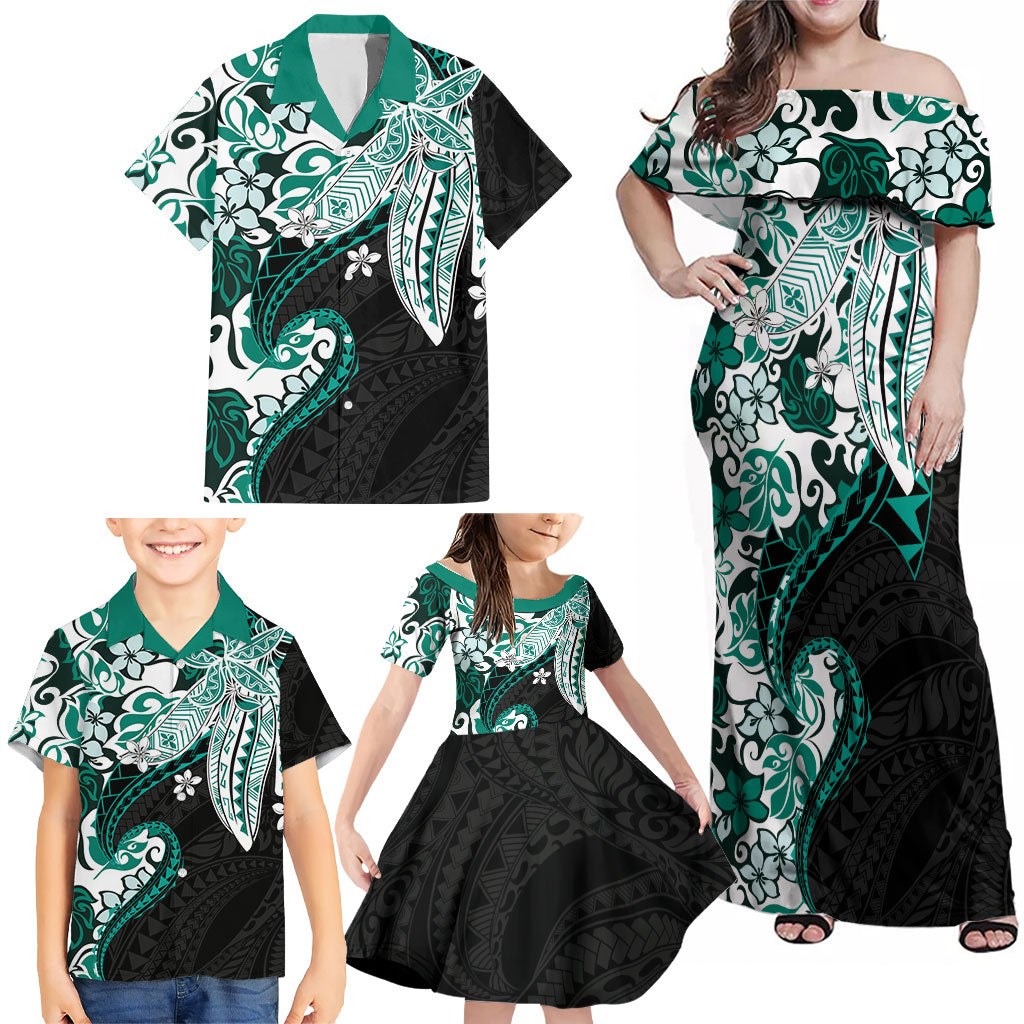 Monstera Plumeria Flowers Teal Family Matching Off Shoulder Maxi Dress and Hawaiian Shirt Polynesian Pattern