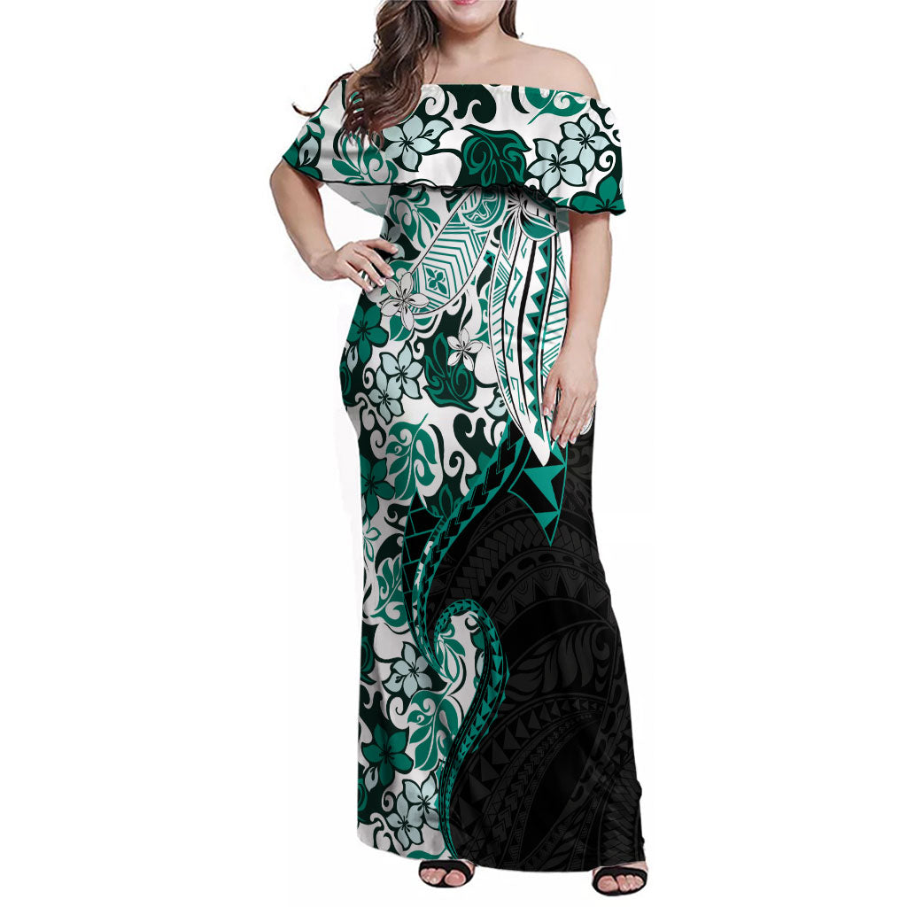 Monstera Plumeria Flowers Teal Family Matching Off Shoulder Maxi Dress and Hawaiian Shirt Polynesian Pattern