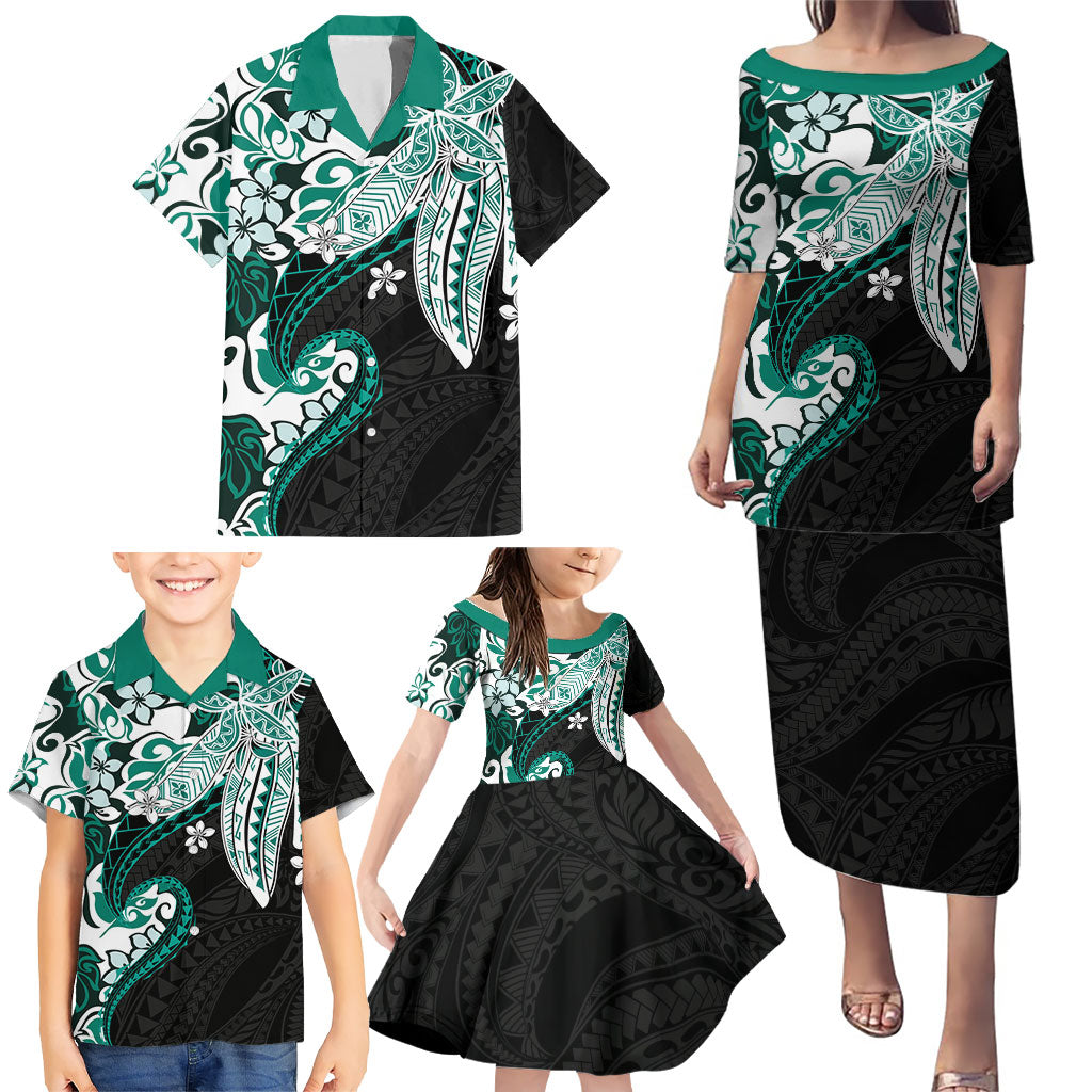 Monstera Plumeria Flowers Teal Family Matching Puletasi and Hawaiian Shirt Polynesian Pattern