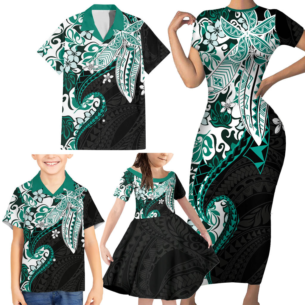 Monstera Plumeria Flowers Teal Family Matching Short Sleeve Bodycon Dress and Hawaiian Shirt Polynesian Pattern