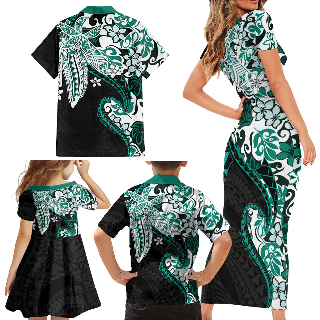 Monstera Plumeria Flowers Teal Family Matching Short Sleeve Bodycon Dress and Hawaiian Shirt Polynesian Pattern