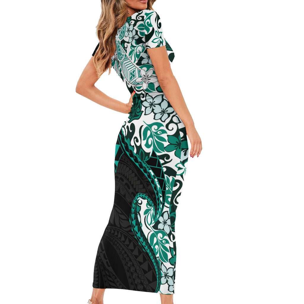 Monstera Plumeria Flowers Teal Family Matching Short Sleeve Bodycon Dress and Hawaiian Shirt Polynesian Pattern