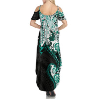 Monstera Plumeria Flowers Teal Family Matching Summer Maxi Dress and Hawaiian Shirt Polynesian Pattern