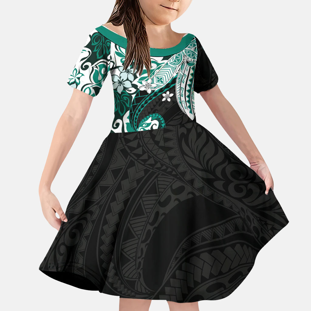 Monstera Plumeria Flowers Teal Family Matching Tank Maxi Dress and Hawaiian Shirt Polynesian Pattern LT01 Daughter's Dress Teal - Polynesian Pride