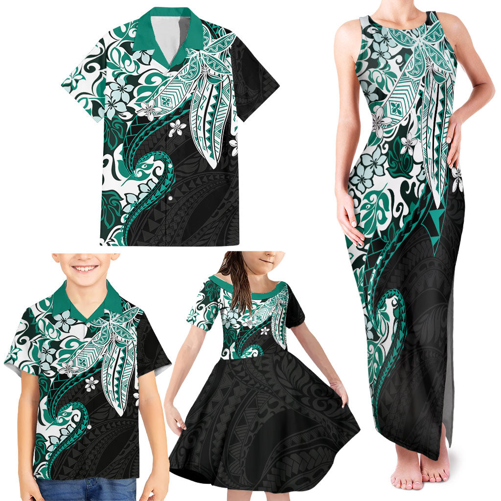 Monstera Plumeria Flowers Teal Family Matching Tank Maxi Dress and Hawaiian Shirt Polynesian Pattern LT01 - Polynesian Pride