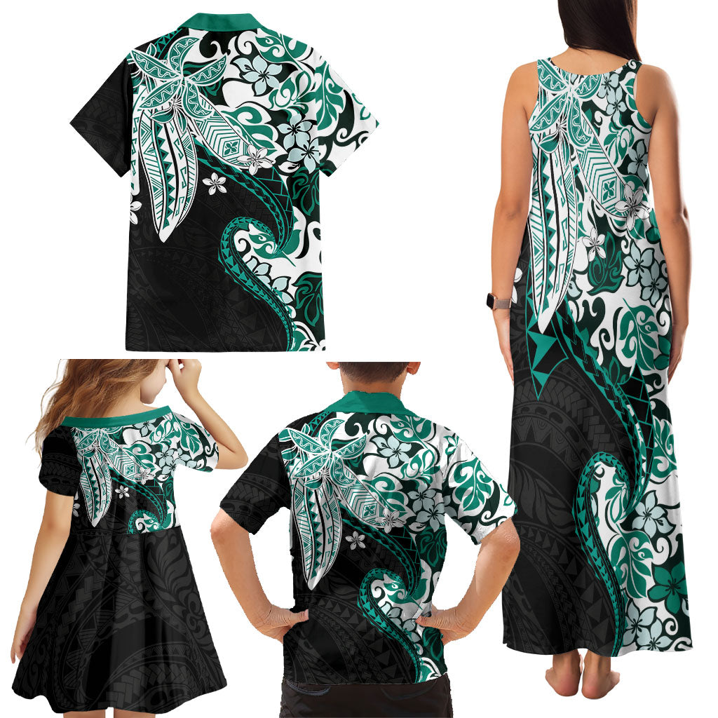 Monstera Plumeria Flowers Teal Family Matching Tank Maxi Dress and Hawaiian Shirt Polynesian Pattern LT01 - Polynesian Pride