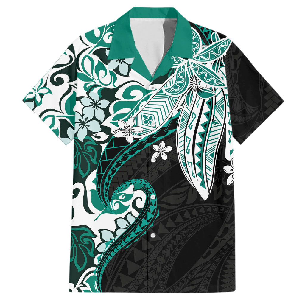 Monstera Plumeria Flowers Teal Family Matching Tank Maxi Dress and Hawaiian Shirt Polynesian Pattern LT01 Dad's Shirt - Short Sleeve Teal - Polynesian Pride