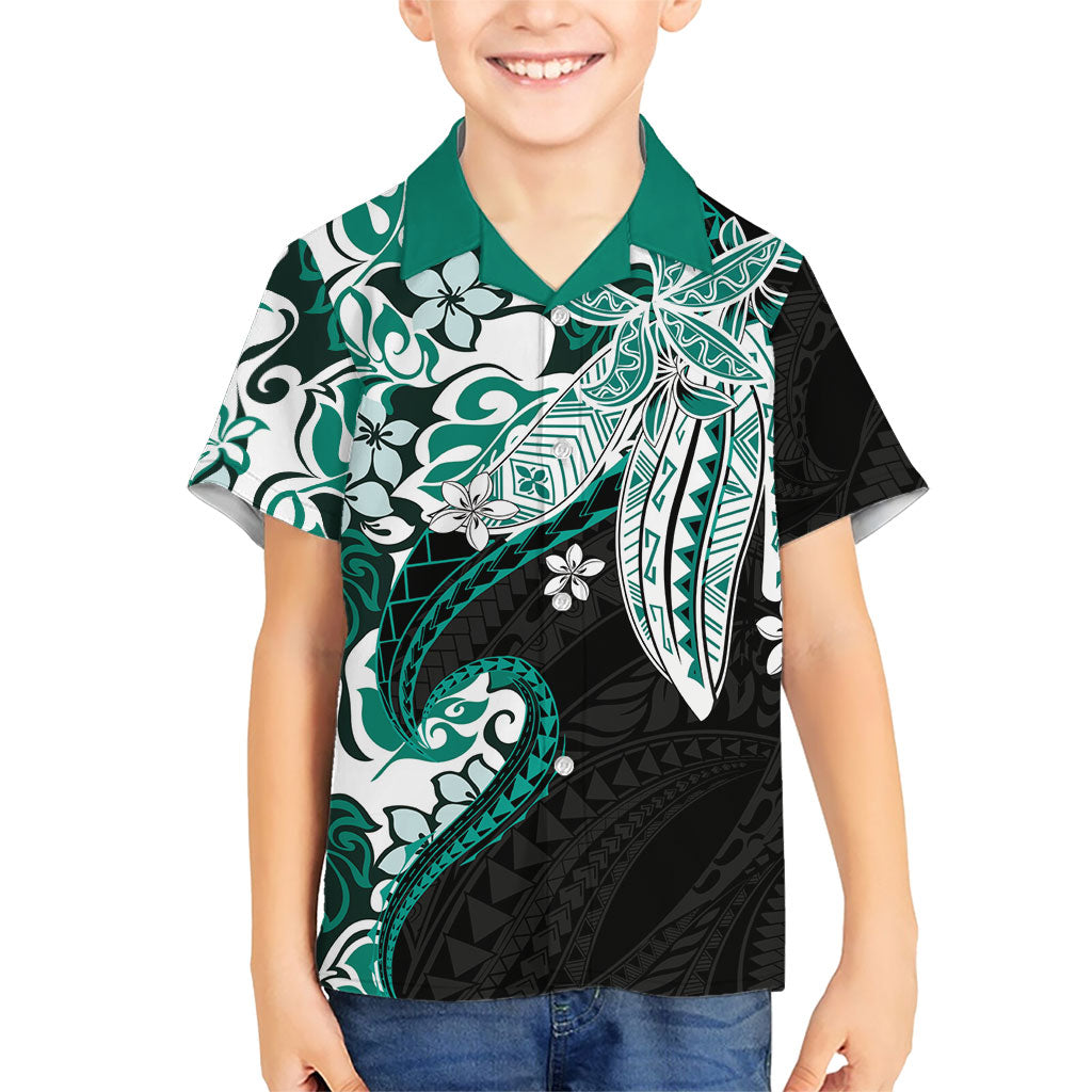 Monstera Plumeria Flowers Teal Family Matching Tank Maxi Dress and Hawaiian Shirt Polynesian Pattern LT01 Son's Shirt Teal - Polynesian Pride
