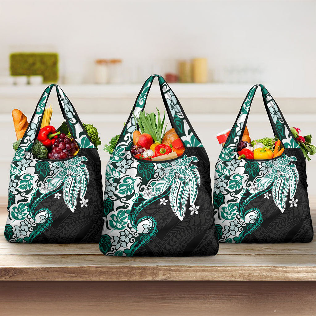 Monstera Plumeria Flowers Teal Grocery Bag Polynesian Pattern LT01 3-pack One Size Teal - Polynesian Pride