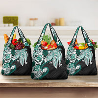 Monstera Plumeria Flowers Teal Grocery Bag Polynesian Pattern LT01 3-pack One Size Teal - Polynesian Pride