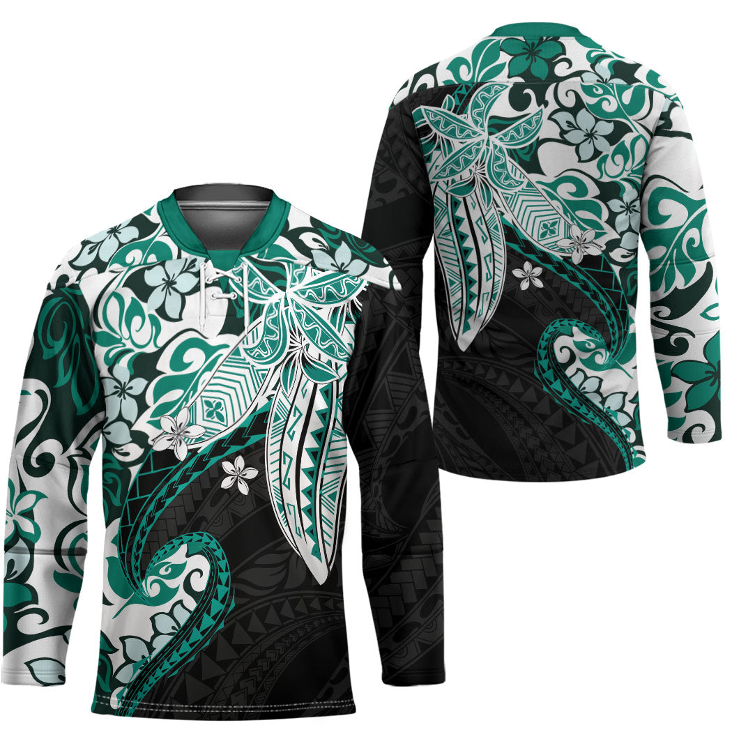 Monstera Plumeria Flowers Teal Hockey Jersey Polynesian Pattern