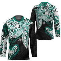 Monstera Plumeria Flowers Teal Hockey Jersey Polynesian Pattern