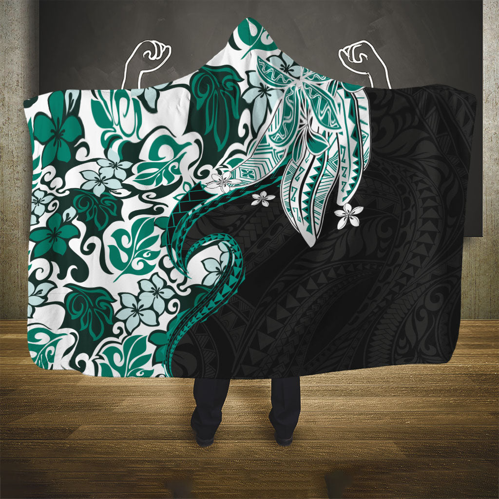 Monstera Plumeria Flowers Teal Hooded Blanket Polynesian Pattern LT01 - Polynesian Pride