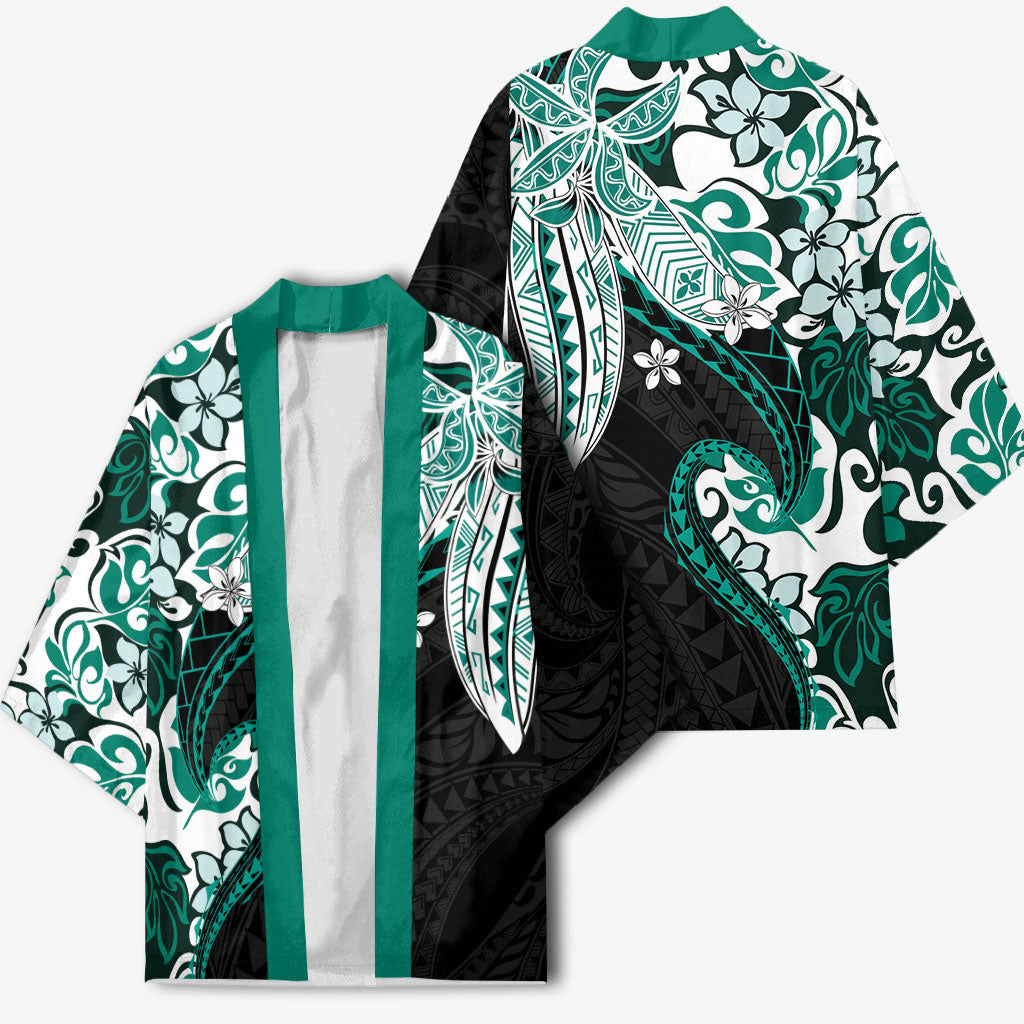 Monstera Plumeria Flowers Teal Kimono Polynesian Pattern