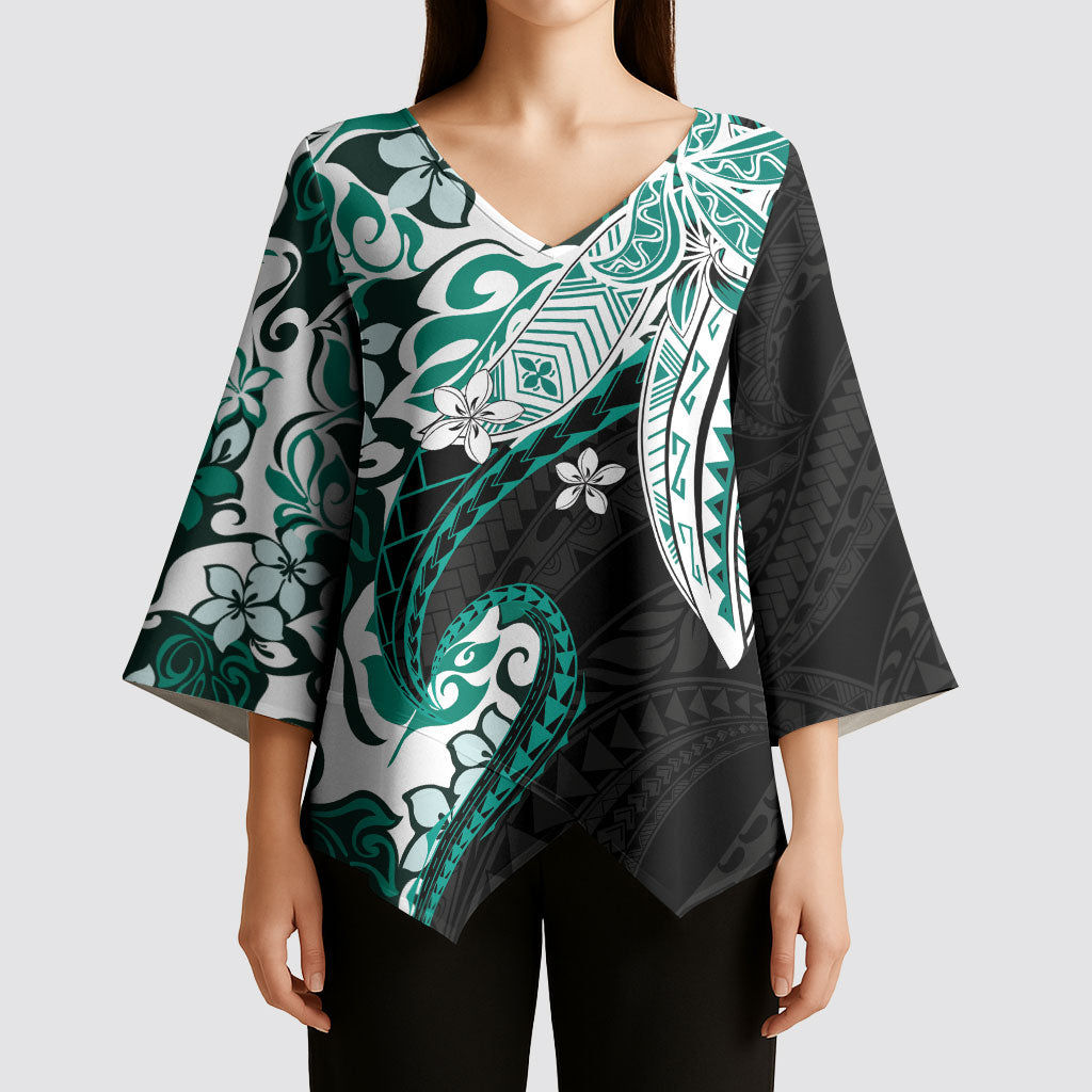 Monstera Plumeria Flowers Teal Kimono Sleeve Blouse Polynesian Pattern