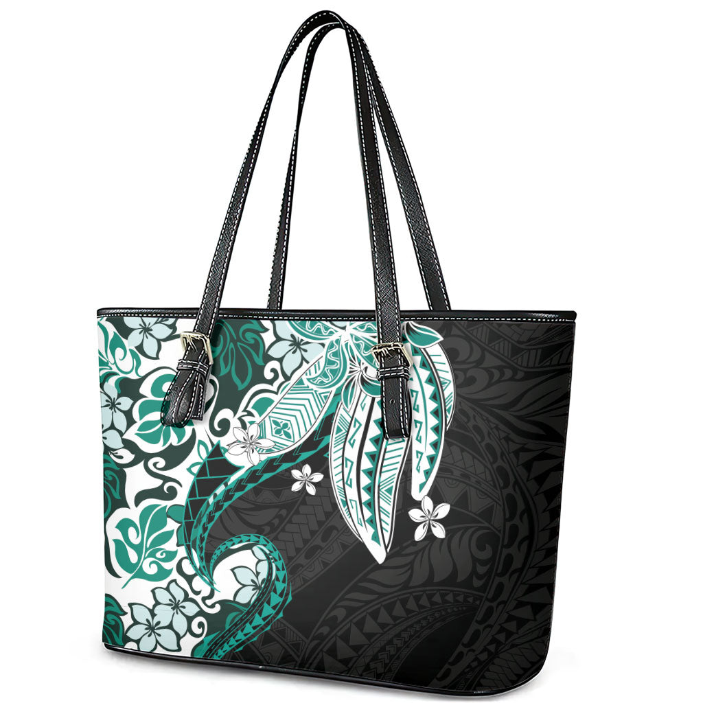 Monstera Plumeria Flowers Teal Leather Tote Bag Polynesian Pattern