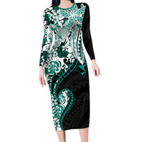 Monstera Plumeria Flowers Teal Long Sleeve Bodycon Dress Polynesian Pattern