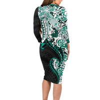 Monstera Plumeria Flowers Teal Long Sleeve Bodycon Dress Polynesian Pattern