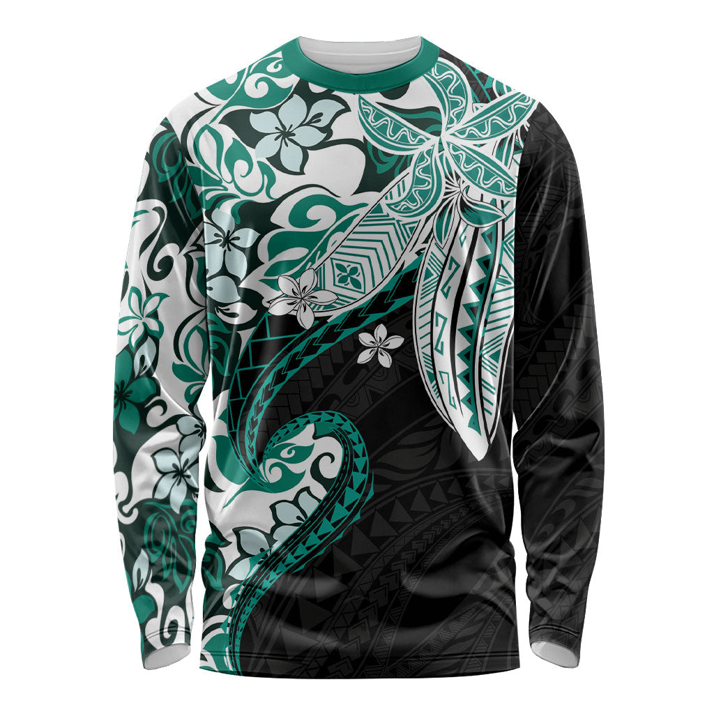 Monstera Plumeria Flowers Teal Long Sleeve Shirt Polynesian Pattern