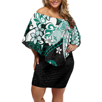 Monstera Plumeria Flowers Teal Off Shoulder Short Dress Polynesian Pattern
