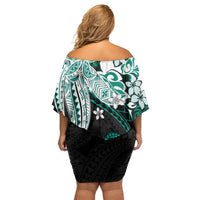 Monstera Plumeria Flowers Teal Off Shoulder Short Dress Polynesian Pattern