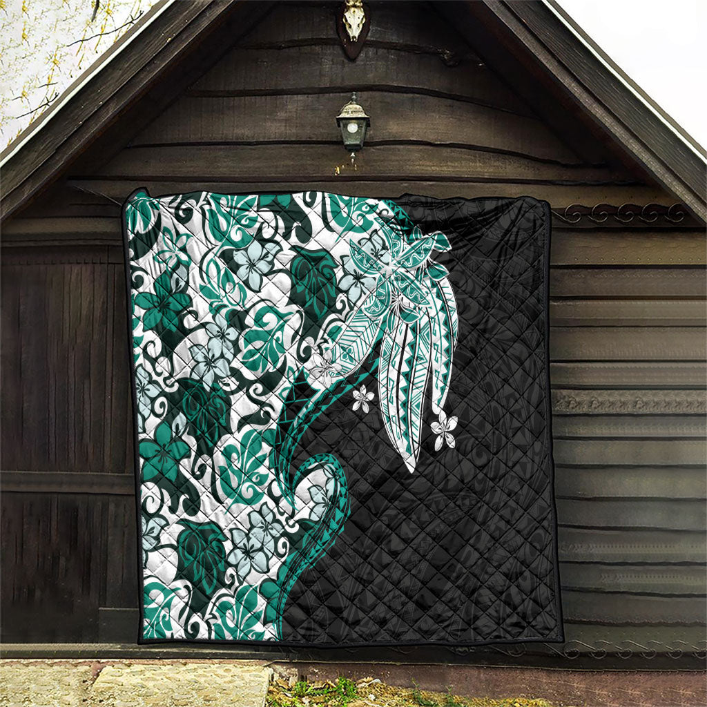 Monstera Plumeria Flowers Teal Quilt Polynesian Pattern