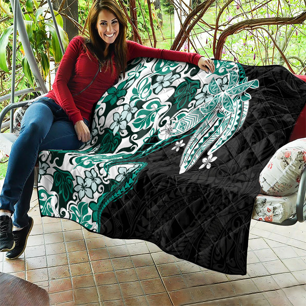 Monstera Plumeria Flowers Teal Quilt Polynesian Pattern