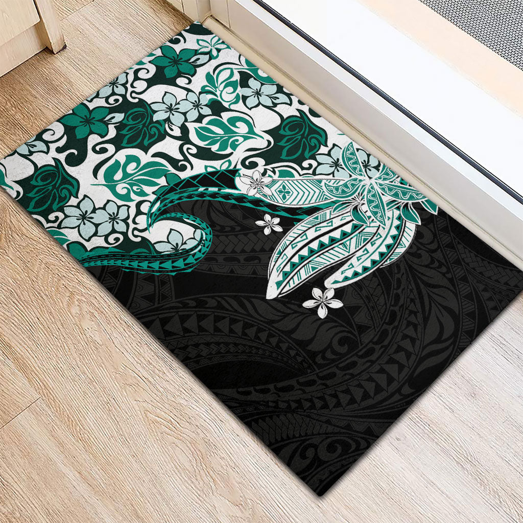 Monstera Plumeria Flowers Teal Rubber Doormat Polynesian Pattern