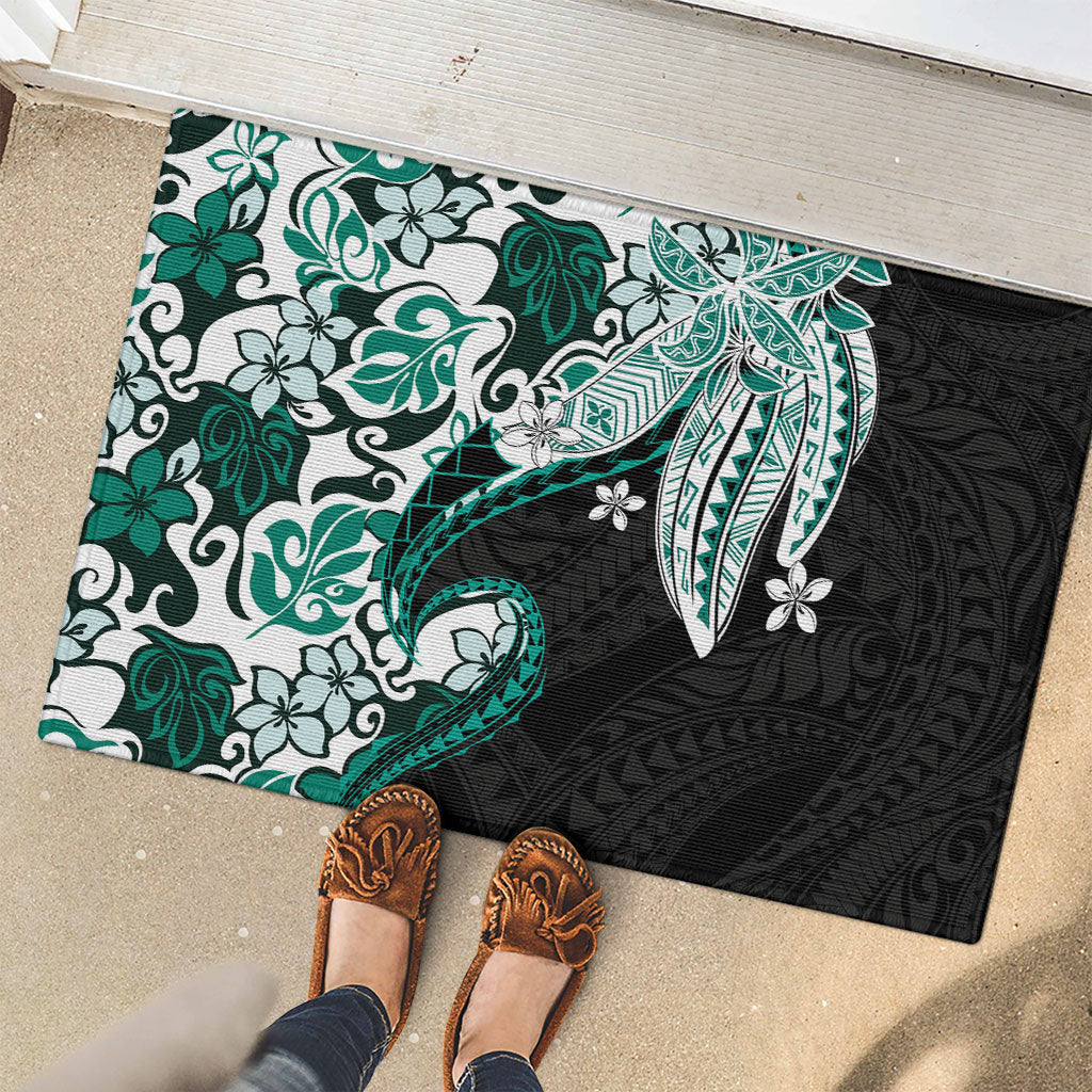 Monstera Plumeria Flowers Teal Rubber Doormat Polynesian Pattern
